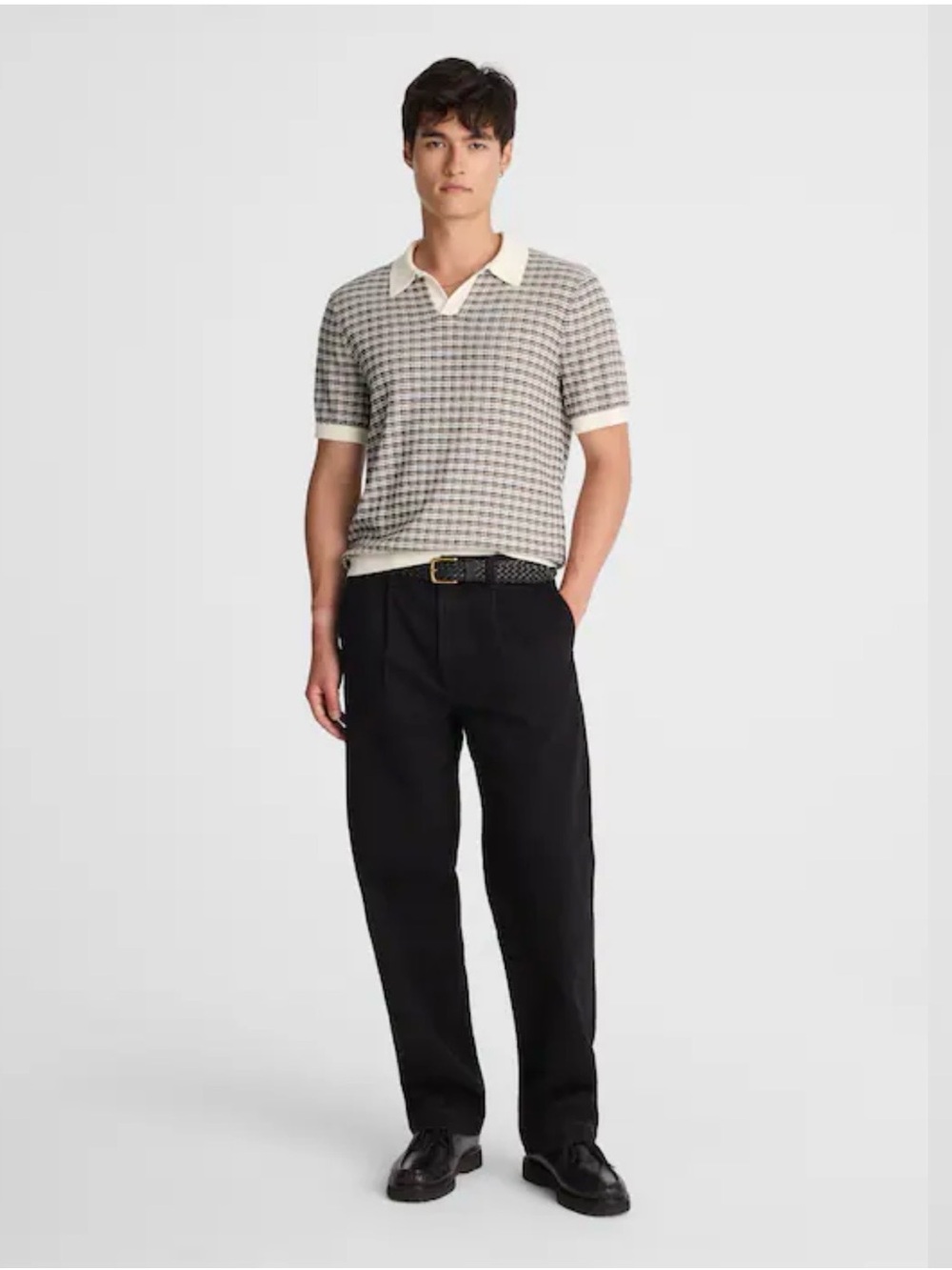 Madewell Men’s Sweater Polo Knit Textured Plaid Polo Smart Casual Men’s Shirt -M